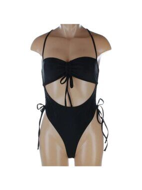 Sexy Black Cutout One-Piece Swimsuit Ruched Front Drawstring High Cut Monokini